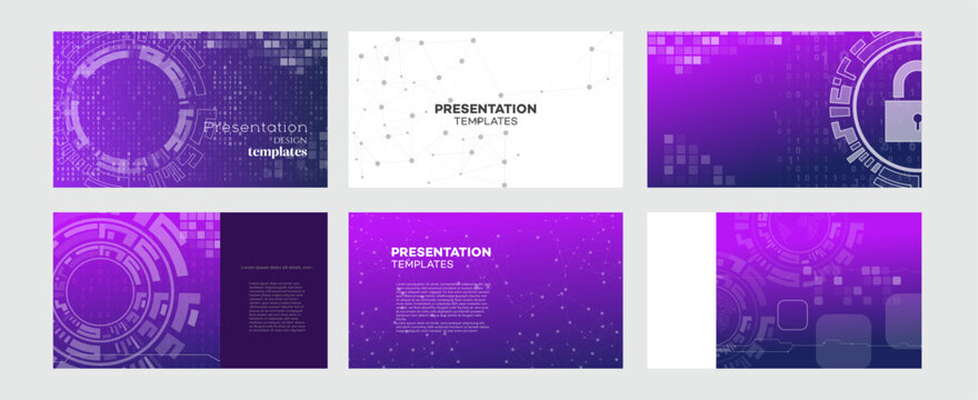 Collection of modern presentation templates with a futuristic technology and cybersecurity theme. Set includes purple slide layouts with binary code and network graphics.