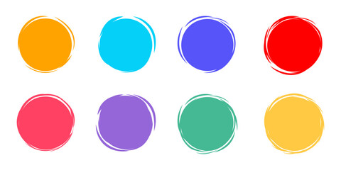 Set of eight colorful circular frames with brush stroke borders. Abstract, hand-drawn design elements isolated on a white background. Modern vector shapes.