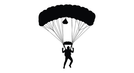 A stark black silhouette of a skydiver descending with an open parachute against a white backdrop silhouette high quality