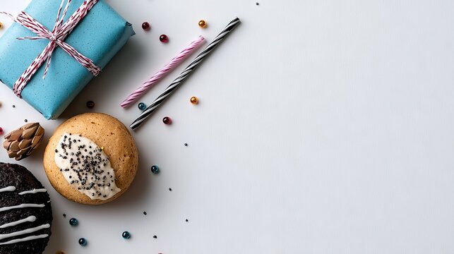 Festive birthday celebration with beautifully wrapped gift box cupcakes and colorful sprinkles scattered on a light grey background with soft studio lighting overhead view