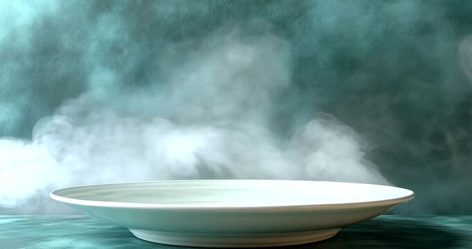 White plate on textured background with steam effects