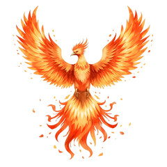 Fototapeta premium Watercolor phoenix illustration displaying vibrant orange and yellow feathers against a white background