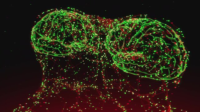 Abstract futuristic visualization of data transfer and shared consciousness between two minds for technology and innovation reports