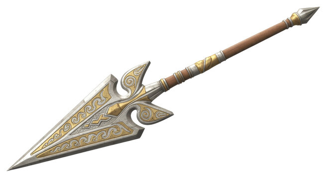 Ancient silver and gold spear with intricate mythology isolated on a transparent background