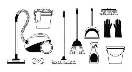A collection of cleaning tools including a vacuum bucket and brushes depicted in a stark silhouette high quality professional detailed modern © CreativeAlim02
