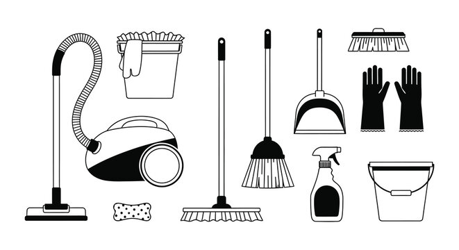 A collection of cleaning tools including a vacuum bucket and brushes depicted in a stark silhouette high quality professional detailed modern