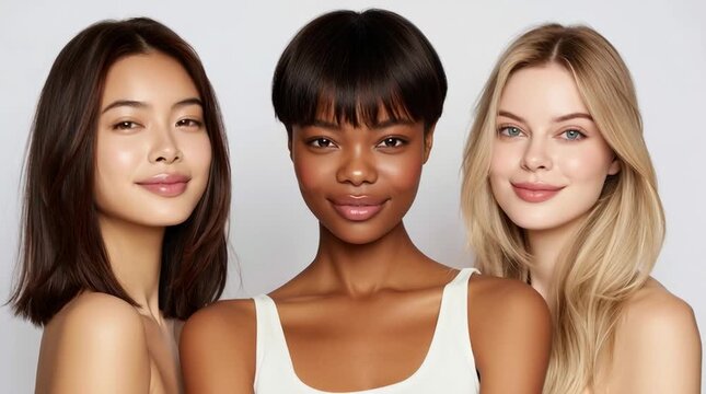 Three diverse women pose together, showcasing different ethnicities. One has long black hair, another has short black hair, and the last has long blonde hair.