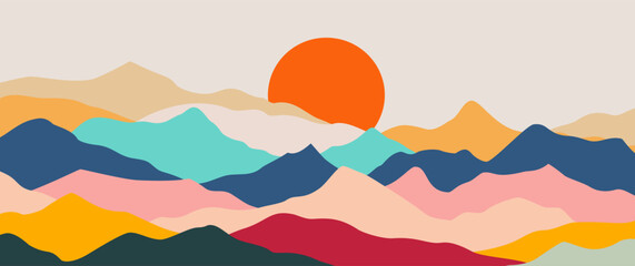 Intricate abstract mountain landscape vector with diverse geometric patterns and sun for premium Boho wall art and luxury minimalist packaging design