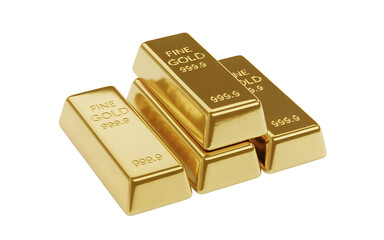 Stack of gold bars with fine gold 999.9 stamp isolated on a transparent background