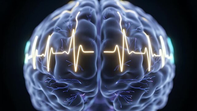 Detailed CGI brain with glowing neural pathways and EKG waves symbolizing neurological activity and medical research on