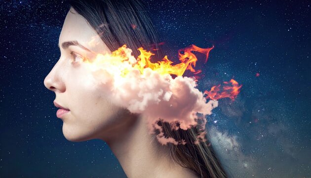 Surreal portrait of a womans mind exploding with fiery thoughts and cosmic energy.