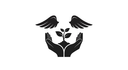 Hands Holding Plant with Birds Illustration.