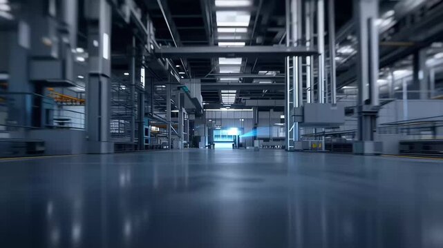 Modern factory floor shows advanced technology and machinery used for manufacturing processes in a large industrial space during daytime