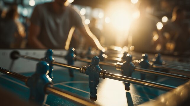 Close-up of blue foosball players on the table during a casual evening game with blurred office professionals, concept for team building, office leisure and corporate marketing