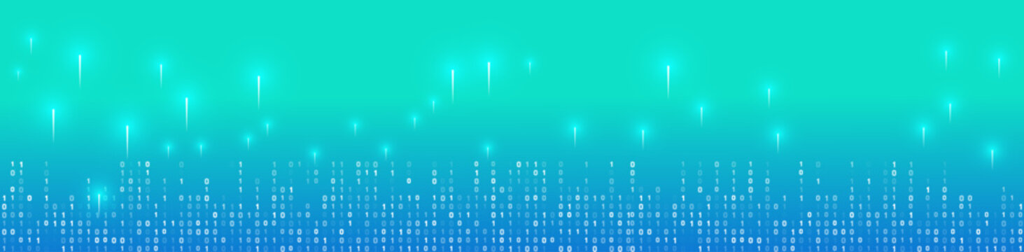 Abstract technology background with binary code 0 and 1. Digital data stream with glowing light effects on a blue-green gradient. Futuristic cyberspace banner.