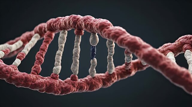 Detailed CGI Macro View of DNA Double Helix Structure with Red and White Strands and Blue Base Pairs on Dark Background
