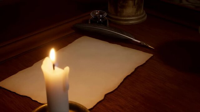 Serene Scene With Candle Illumination Highlighting Art Of Historical Calligraphy And Parchment