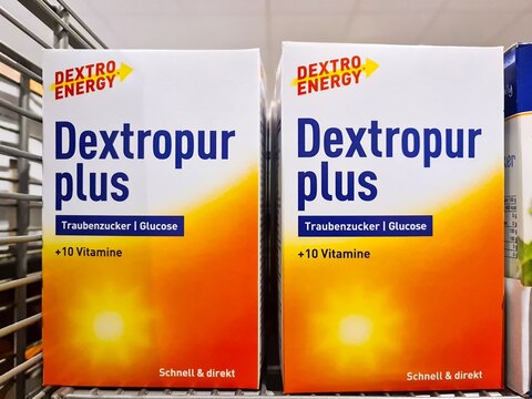 Kiel, Germany - 19. February 2026: Dextropur plus Dextro Energy glucose products for quick energy