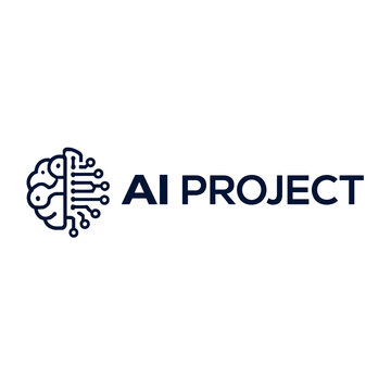AI Project logo with abstract brain and circuit lines. Modern artificial intelligence, machine learning and digital technology concept isolated on white background.