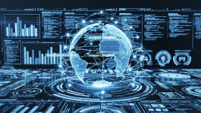 Cinematic futuristic digital data interface displaying abstract blue dashboard with glowing motion graphics and holographic visualization in high definition ultra modern technology concept