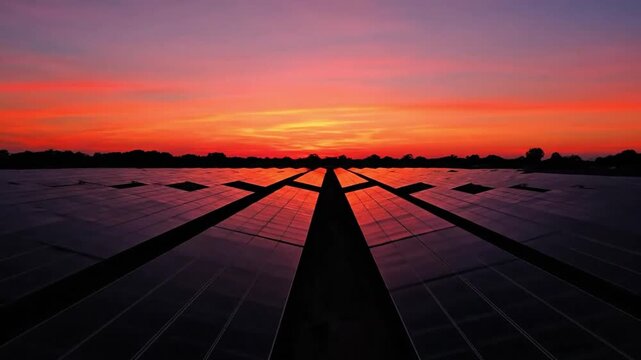 Vast solar panel farm stretches toward a dramatic orange and red sunset horizon.