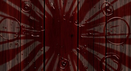 Red sunburst pattern with water drops on brown wooden background. Scary retro horror texture for Halloween concept.