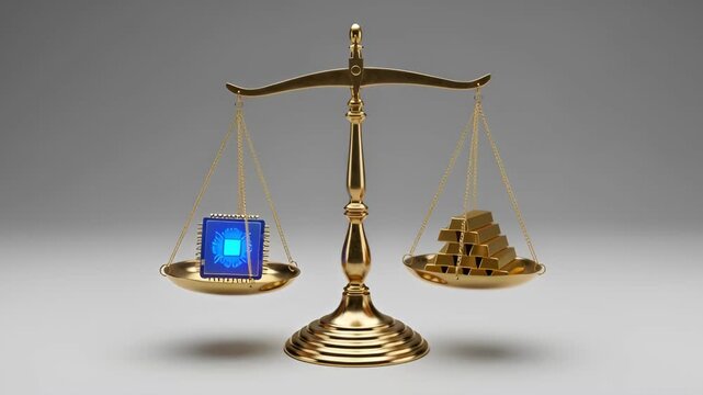 Gold scale balances artificial intelligence microchip, symbolizing the value and outcome based pricing of ai agent technology.