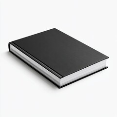 A closed book with a black hardcover, angled slightly on a white background