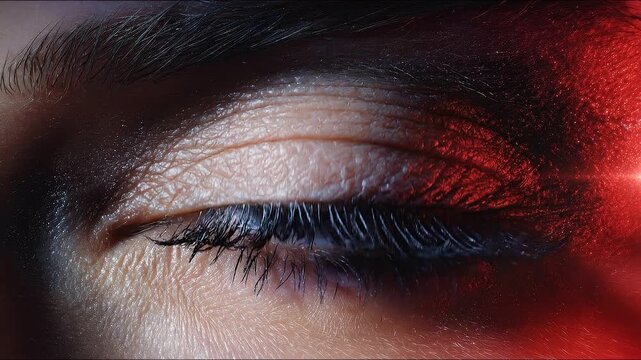 Close-up of a human eye showcasing vivid blue iris and intricate details, with sparkles and a mix of red and black tones creating a dramatic effect