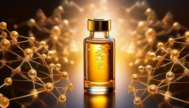 essence of purity a delicate glass vial encapsulates the essence of a radiant golden elixir surrounded by the intricate dance of molecular structures suggesting purity
