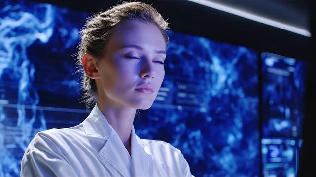 Focused young scientist in a white lab coat analyzing data in a high-tech research environment with blue background displays