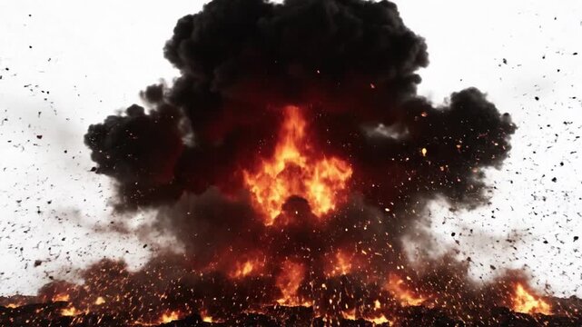 Cinematic powerful fiery explosion with vibrant orange and red flame bursting against a clean white background in ultra high resolution detail