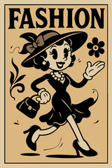 Retro fashion illustration in 1930s cartoon style, elegant woman with hat and handbag, beige and black monochrome graphic, vintage fashion poster, old school vector artwork.