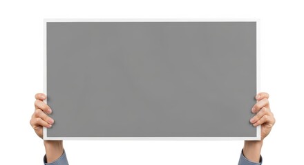 Fototapeta premium Two human hands holding a blank horizontal gray poster on a white background, isolated mockup template for adding text, artwork, advertising or graphic design. Generative AI.