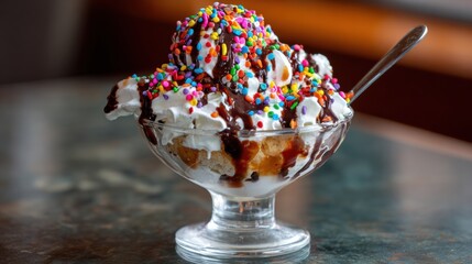 Decadent ice cream sundae with sprinkles and chocolate