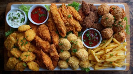 Platter of assorted fried foods with dipping sauces