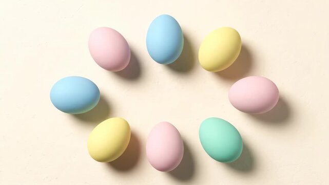Stop motion animation showing colorful sweets growing into a circular frame of pastel easter eggs. Minimalist holiday concept with copy space for a festive seasonal greeting