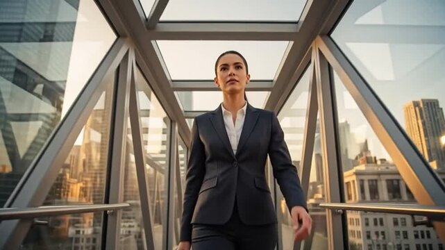 Confident businesswoman walks through a modern skywalk with city skyline at sunset
