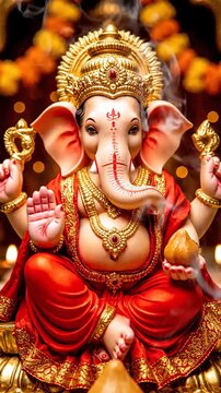 Lord Ganesha idol with offerings and lit diyas in temple setting