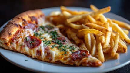 pepperoni pizza slice with golden french fries on plate