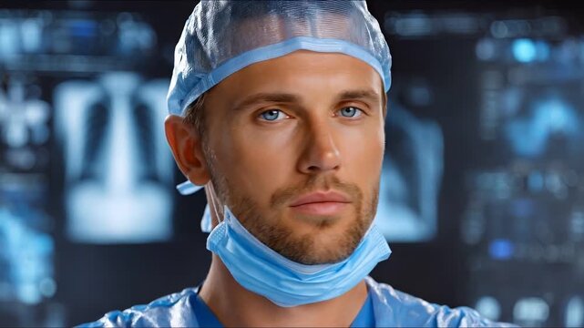 Close-Up of a Focused Male Medical Professional in Scrubs with Surgical Cap and Mask Against a Radiology Background