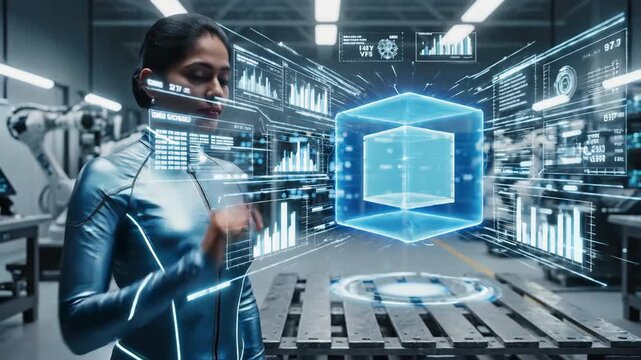 Futuristic woman interacting with 3d engine hologram interface in high tech robotic laboratory