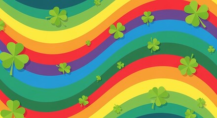 Obraz premium Vibrant rainbow background with wavy stripes and scattered green shamrocks, creating a cheerful and lucky visual.