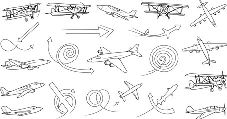 A collection of various aircraft and flight patterns in black and white isolated on white background, Vector © Riponislam