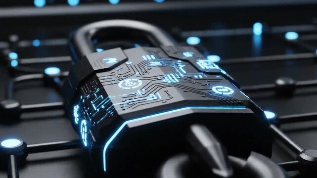 Matte black cyber-security padlock with subtle blue glow, futuristic dark environment