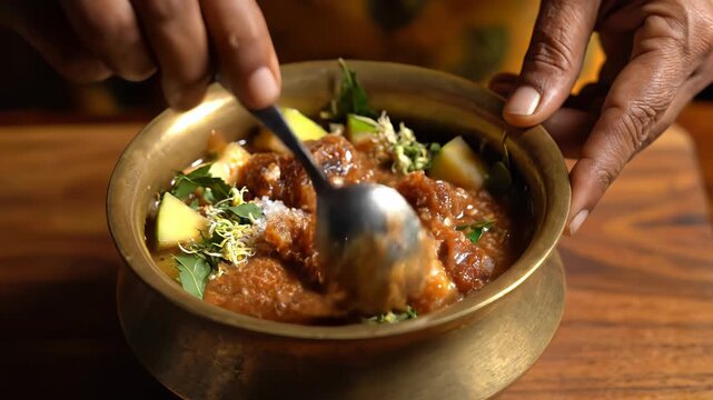 Close up of hands adding garnish to a brass bowl of rich brown stew with diced green apples and fresh herbs