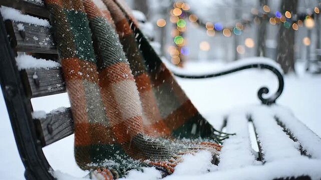 Warm Scarf Resting on a Snowy Bench in a Winter Park