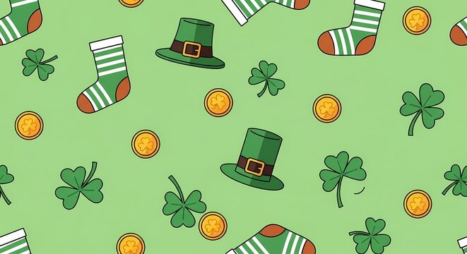Seamless pattern with St. Patrick's Day elements including green leprechaun hats, striped socks, shamrocks, and gold coins on a light green background.
