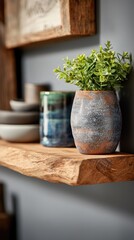 Rustic Wooden Shelf Displaying a Small Green Potted Plant and Ceramic Vases with Natural Lighting Accentuating Texture and Depth