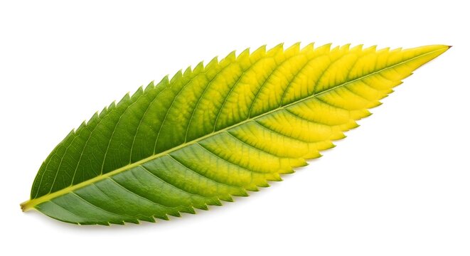 A leaf with a gradual color transition from green to yellow on a white background.